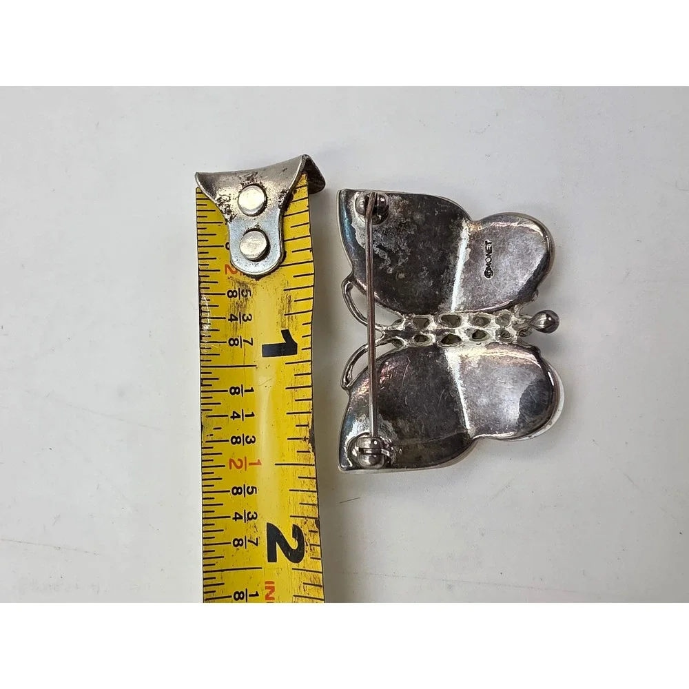 Monet Butterfly Brooch Mother of Pearl Rhinestone Silver Tone Vintage Pin